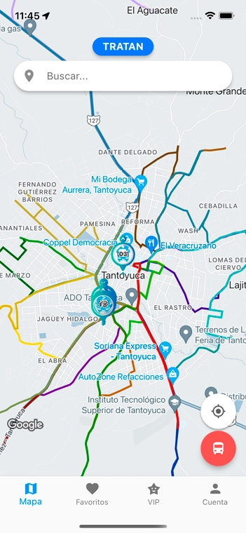 Pantalla de Desarrollo de Aplicación de Transporte Urbano en Tiempo Real "Abordo"